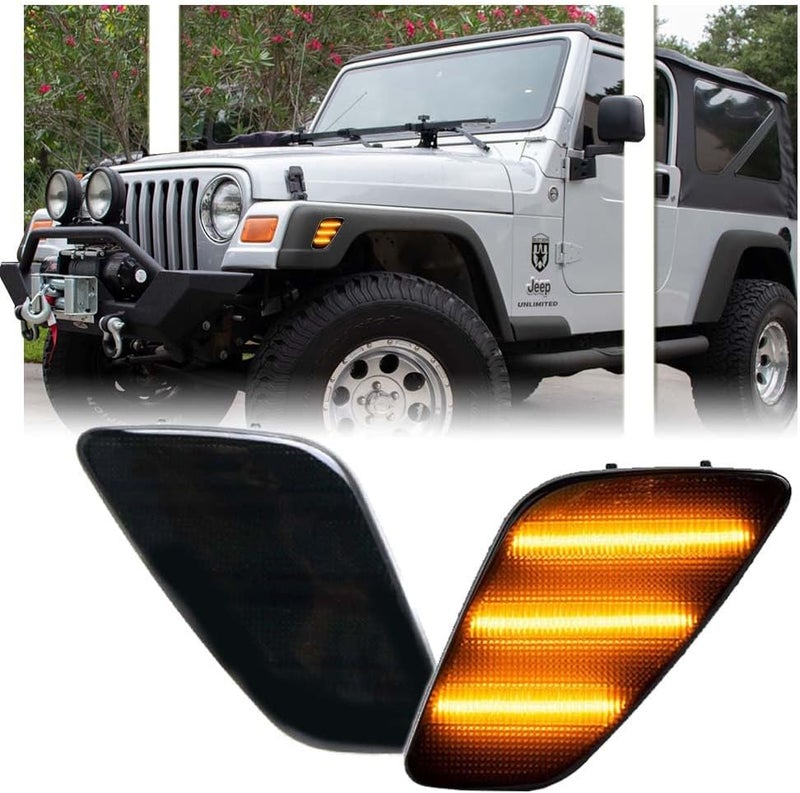 GSOWO 2 PCS Amber LED Side Marker Light for J-e-e-p Wrangler TJ 1997-2006, Smoked Lens Front Turn Signal Indicator, Left/Right Side Fender Sidemarker Lamps - Image 1